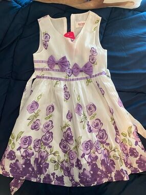 Sunny Fashion Girls' White Dress with Purple Floral Print and Bow Trim